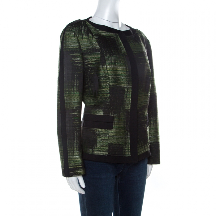 Pre Owned Carolina Herrera Green and Black Jacquard Button Front Jacket XL