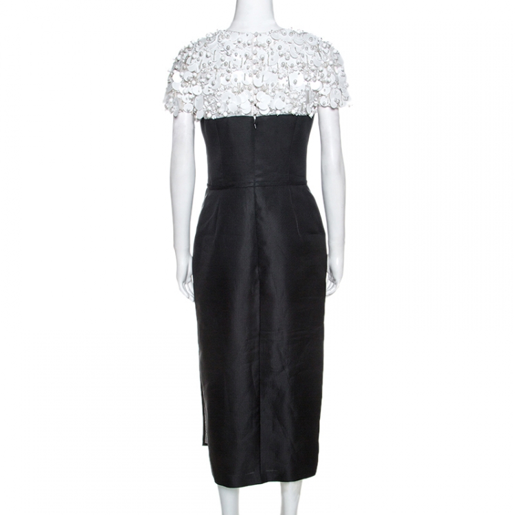 Pre Owned Carolina Herrera Monochrome Embellished Silk Sheath Dress S