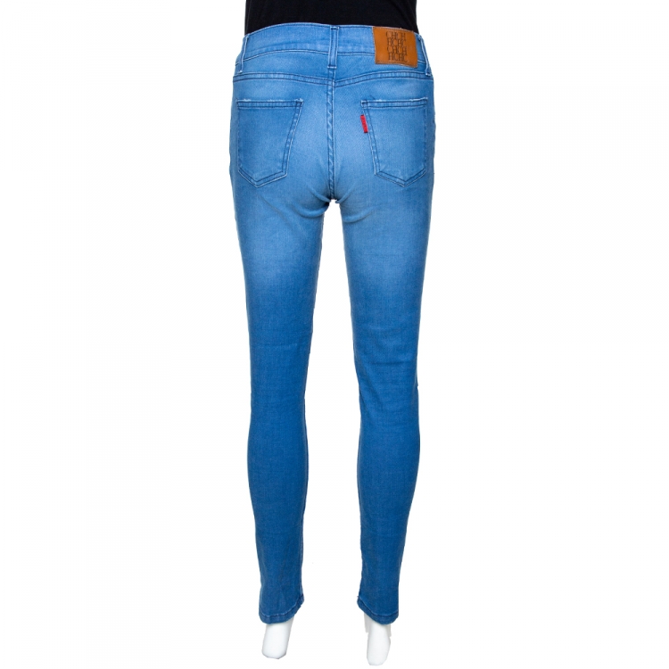 Pre Owned Carolina Herrera Blue Denim Frayed Detail Skinny Jeans M