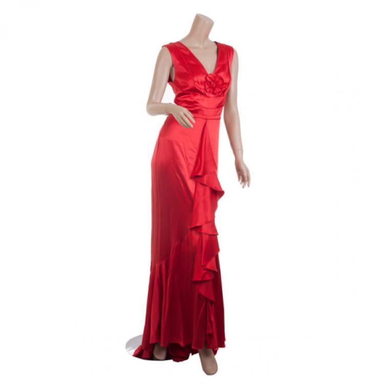 Pre Owned Carolina Herrera Red Silk Gown M