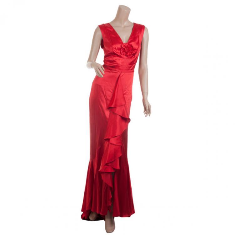 Pre Owned Carolina Herrera Red Silk Gown M