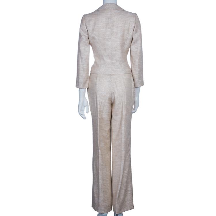 Pre Owned Carolina Herrera Beige Metallic Pant Suit M
