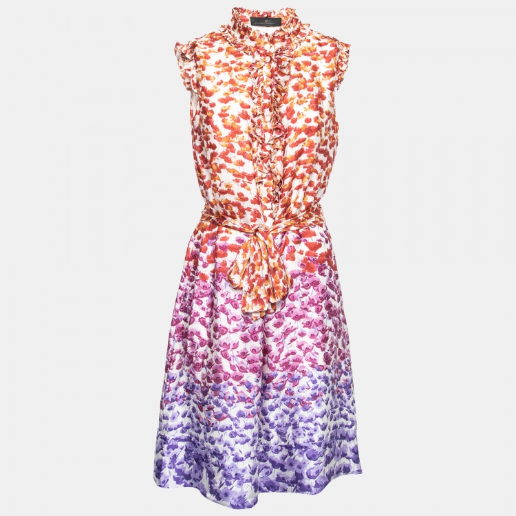 Pre Owned CH Carolina Herrera Multicolor Floral Printed Silk Ruffle Detail Belted Mini Dress M