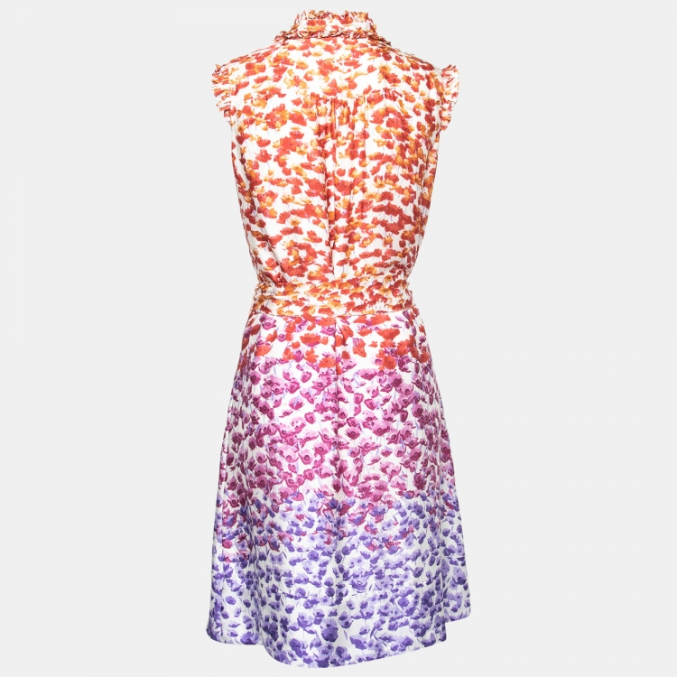 Pre Owned CH Carolina Herrera Multicolor Floral Printed Silk Ruffle Detail Belted Mini Dress M