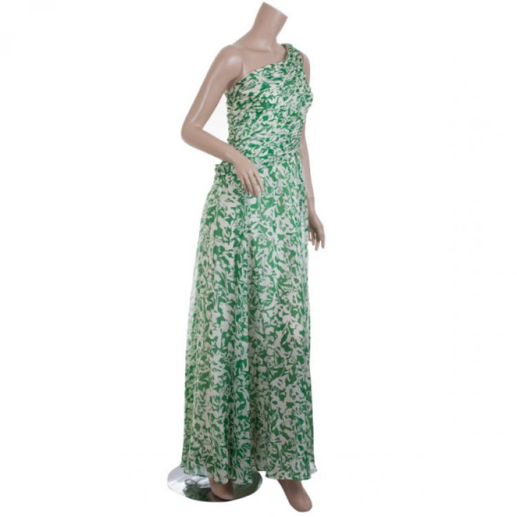 Pre Owned Carolina Herrera Green and White Floral Chiffon Dress M