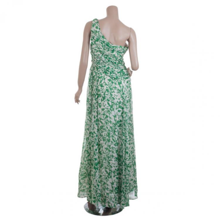 Pre Owned Carolina Herrera Green and White Floral Chiffon Dress M