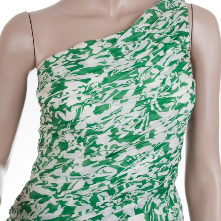 Pre Owned Carolina Herrera Green and White Floral Chiffon Dress M