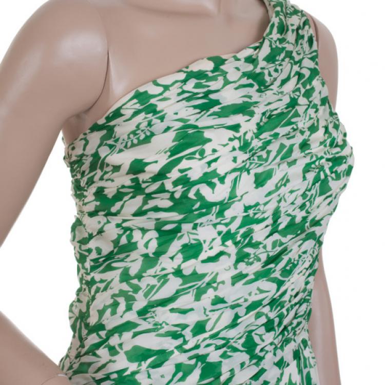 Pre Owned Carolina Herrera Green and White Floral Chiffon Dress M