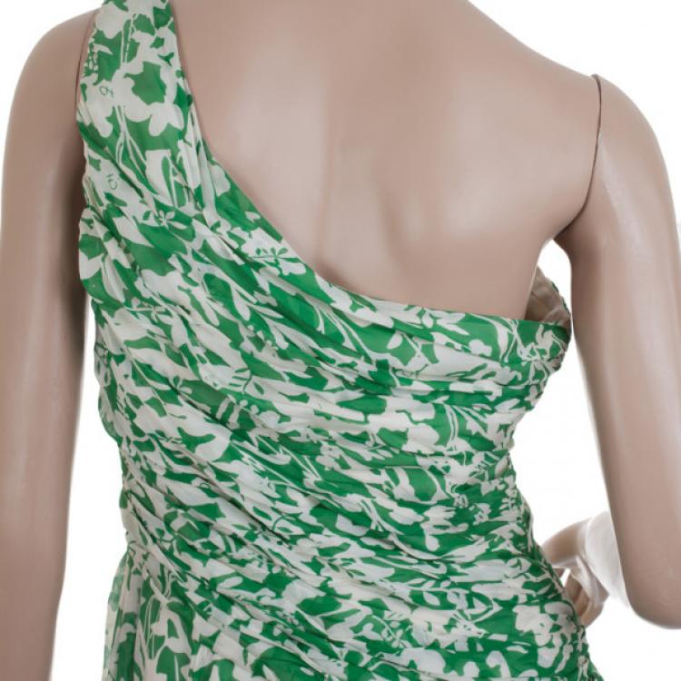 Pre Owned Carolina Herrera Green and White Floral Chiffon Dress M