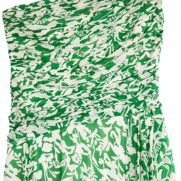 Pre Owned Carolina Herrera Green and White Floral Chiffon Dress M