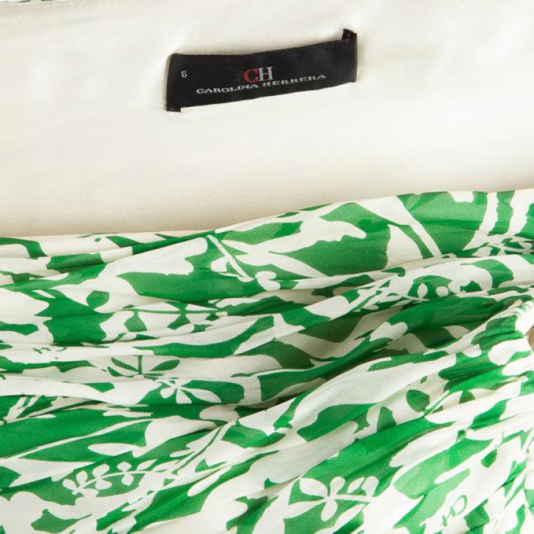 Pre Owned Carolina Herrera Green and White Floral Chiffon Dress M