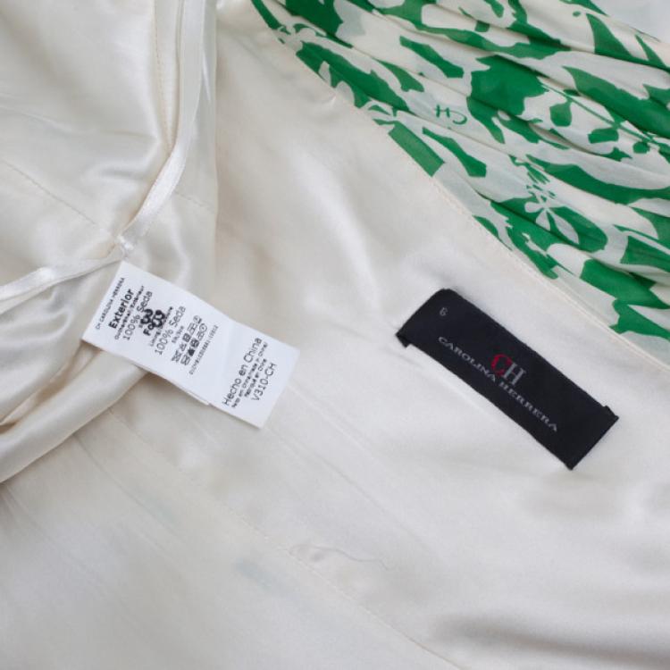 Pre Owned Carolina Herrera Green and White Floral Chiffon Dress M
