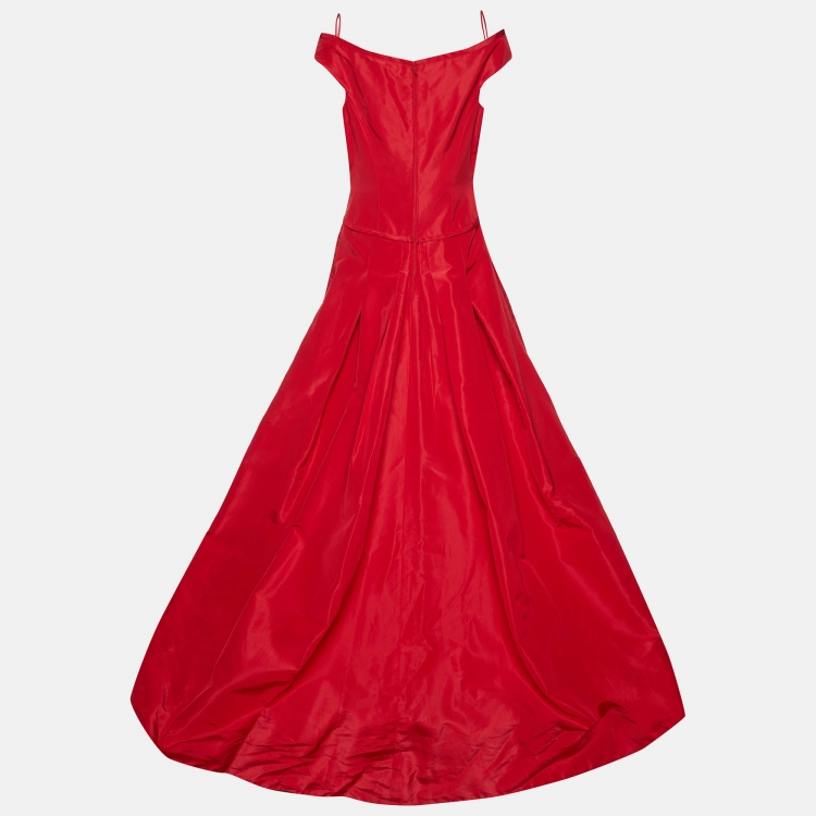 Pre Owned Carolina Herrera Red Silk Off-The-Shoulder Gown L