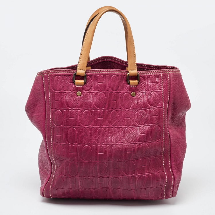 Pre Owned Carolina Herrera Pink/Beige Monogram Embossed Leather Andy Tote