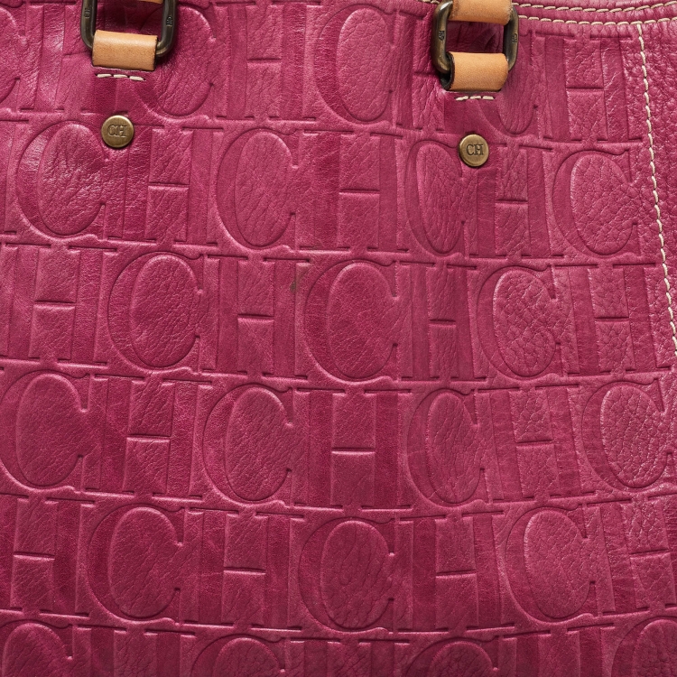 Pre Owned Carolina Herrera Pink/Beige Monogram Embossed Leather Andy Tote