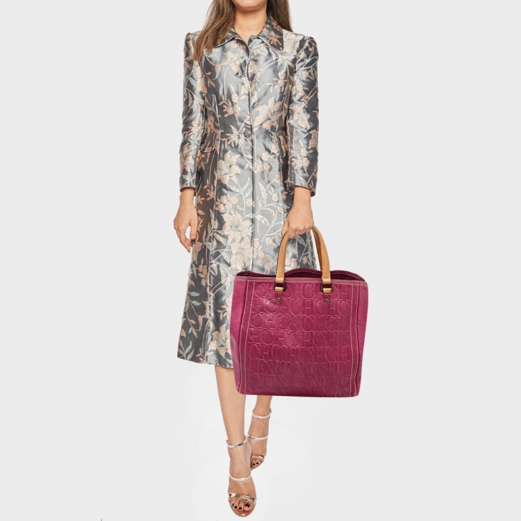 Pre Owned Carolina Herrera Pink/Beige Monogram Embossed Leather Andy Tote