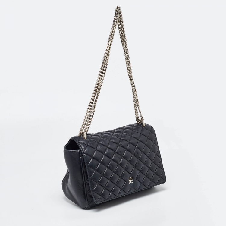 Pre Owned Carolina Herrera Black Quilted Leather Flap Chain Shoulder Bag