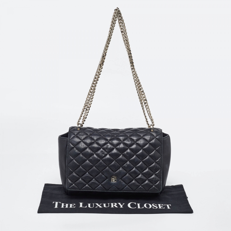 Pre Owned Carolina Herrera Black Quilted Leather Flap Chain Shoulder Bag