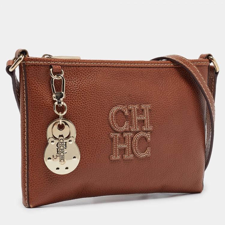 Pre Owned Carolina Herrera Brown Leather Lock Charm Crossbody Bag
