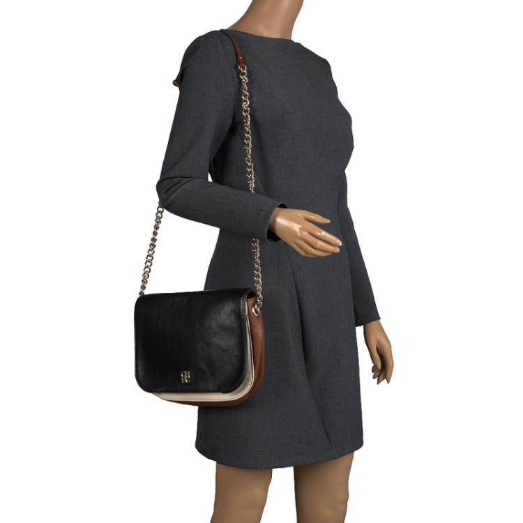 Pre Owned Carolina Herrera Black/Brown Leather New Baltazar Flap Shoulder Bag