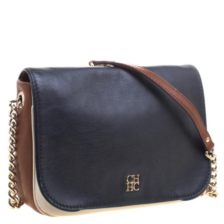 Pre Owned Carolina Herrera Black/Brown Leather New Baltazar Flap Shoulder Bag