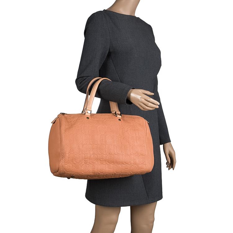 Pre Owned Carolina Herrera Peach Monogram Leather Andy Boston Bag