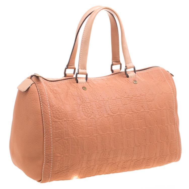 Pre Owned Carolina Herrera Peach Monogram Leather Andy Boston Bag