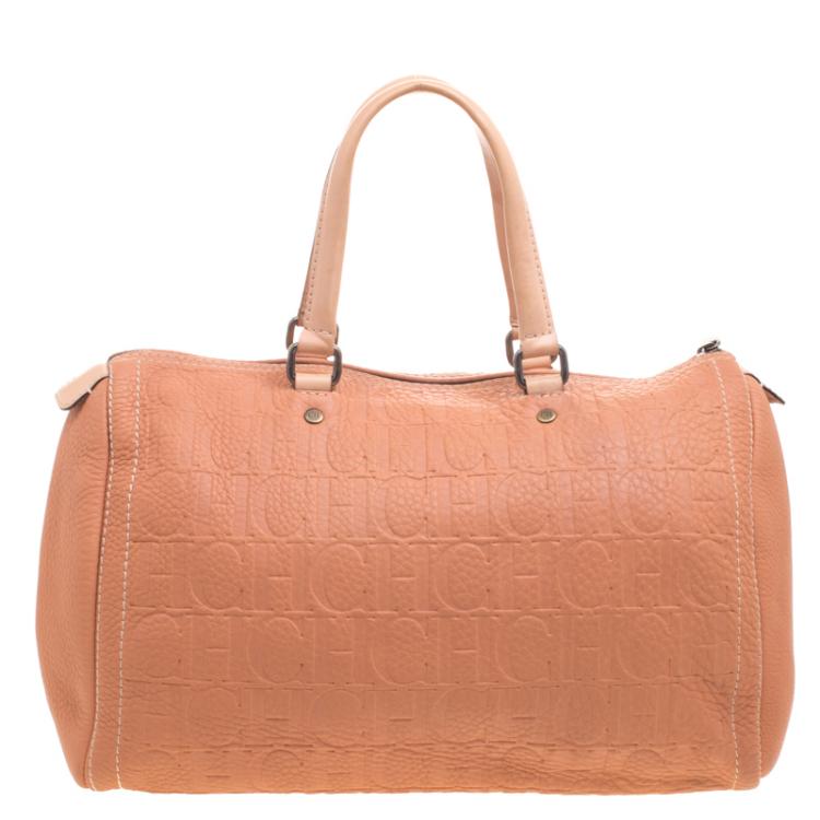 Pre Owned Carolina Herrera Peach Monogram Leather Andy Boston Bag