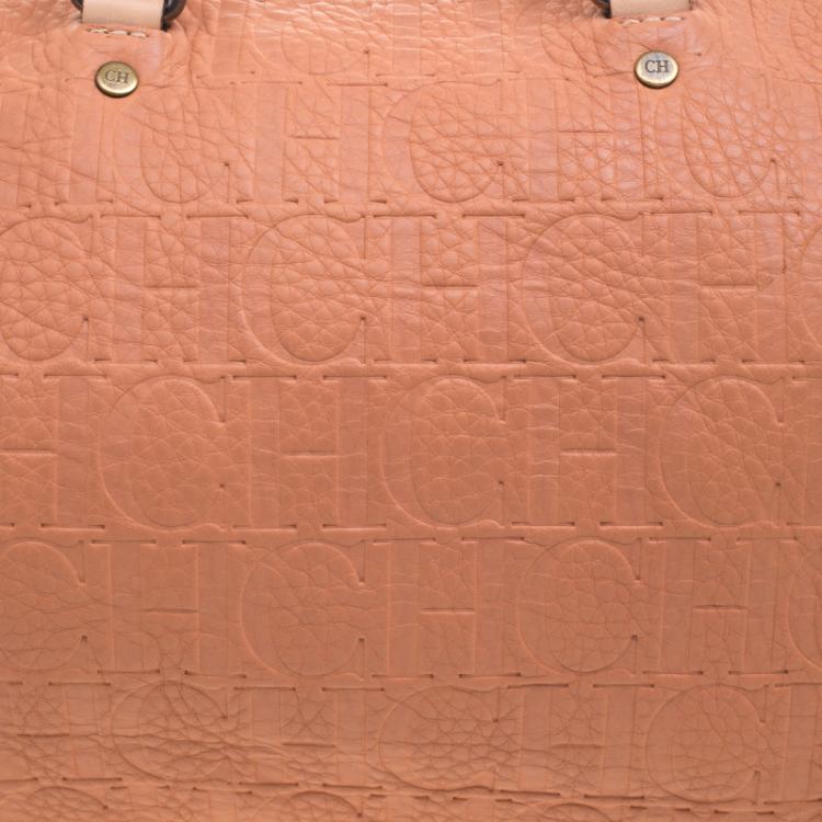 Pre Owned Carolina Herrera Peach Monogram Leather Andy Boston Bag