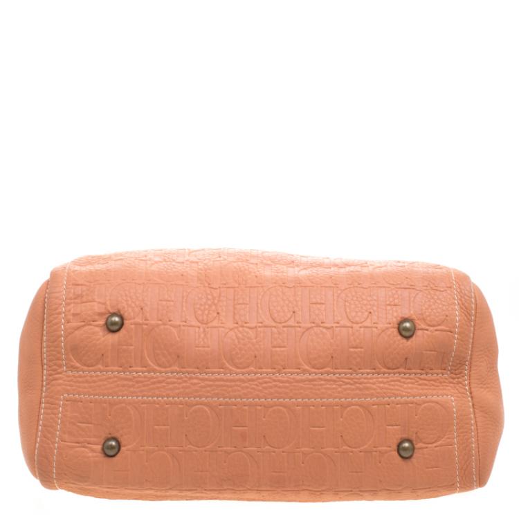 Pre Owned Carolina Herrera Peach Monogram Leather Andy Boston Bag