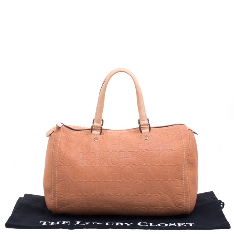 Pre Owned Carolina Herrera Peach Monogram Leather Andy Boston Bag