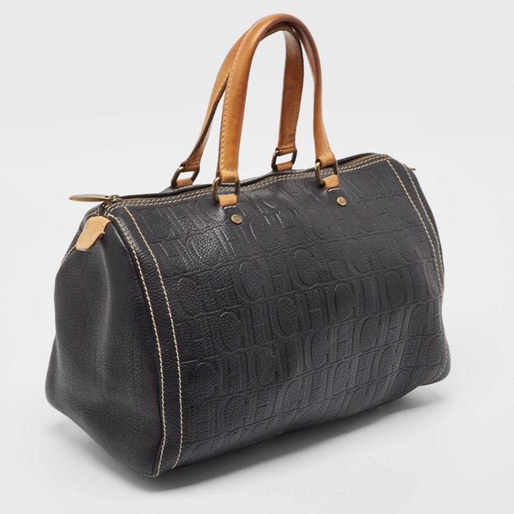 Pre Owned Carolina Herrera Black/Beige Monogram Leather Large Andy Boston Bag