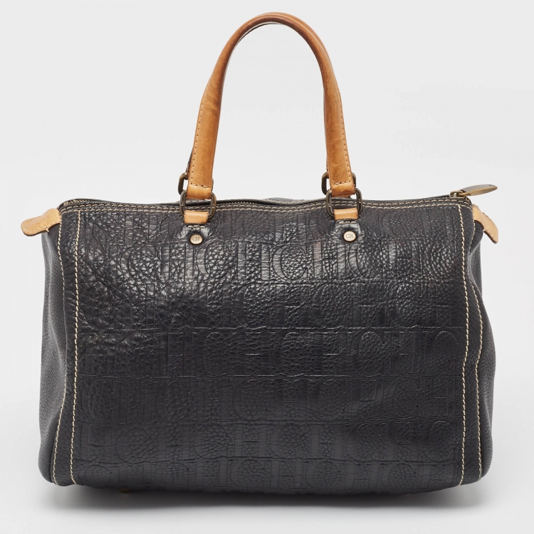 Pre Owned Carolina Herrera Black/Beige Monogram Leather Large Andy Boston Bag