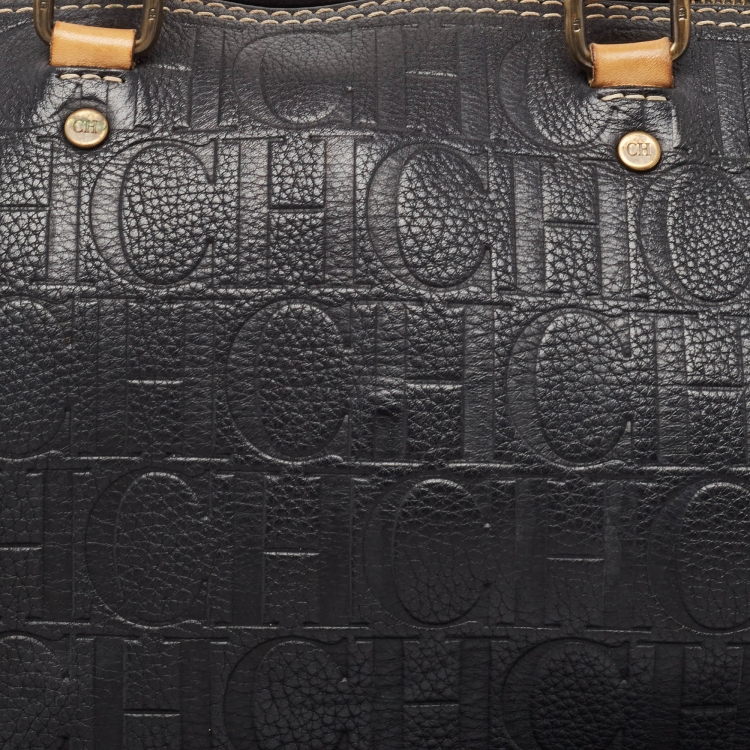 Pre Owned Carolina Herrera Black/Beige Monogram Leather Large Andy Boston Bag