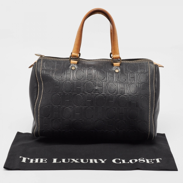 Pre Owned Carolina Herrera Black/Beige Monogram Leather Large Andy Boston Bag