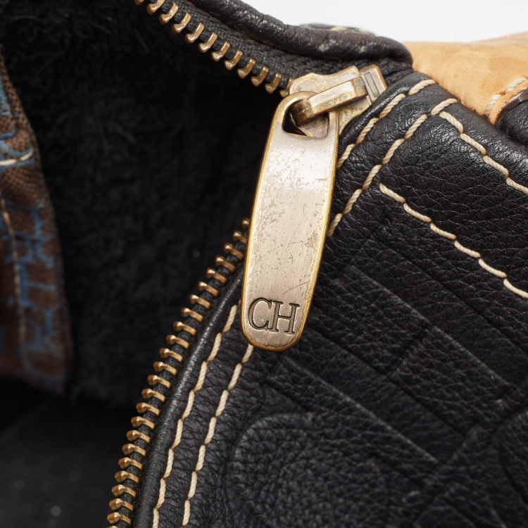 Pre Owned Carolina Herrera Black/Beige Monogram Leather Large Andy Boston Bag