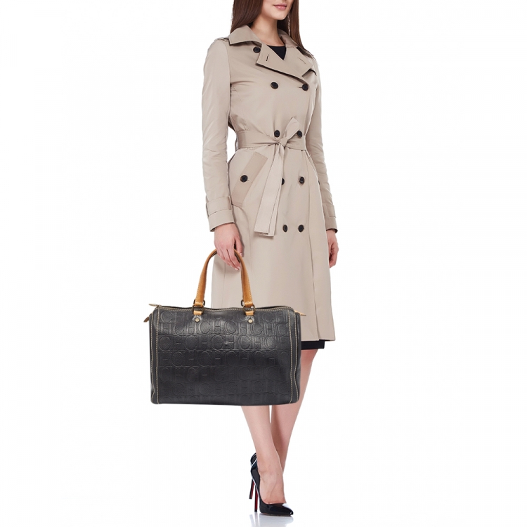 Pre Owned Carolina Herrera Black/Beige Monogram Leather Large Andy Boston Bag