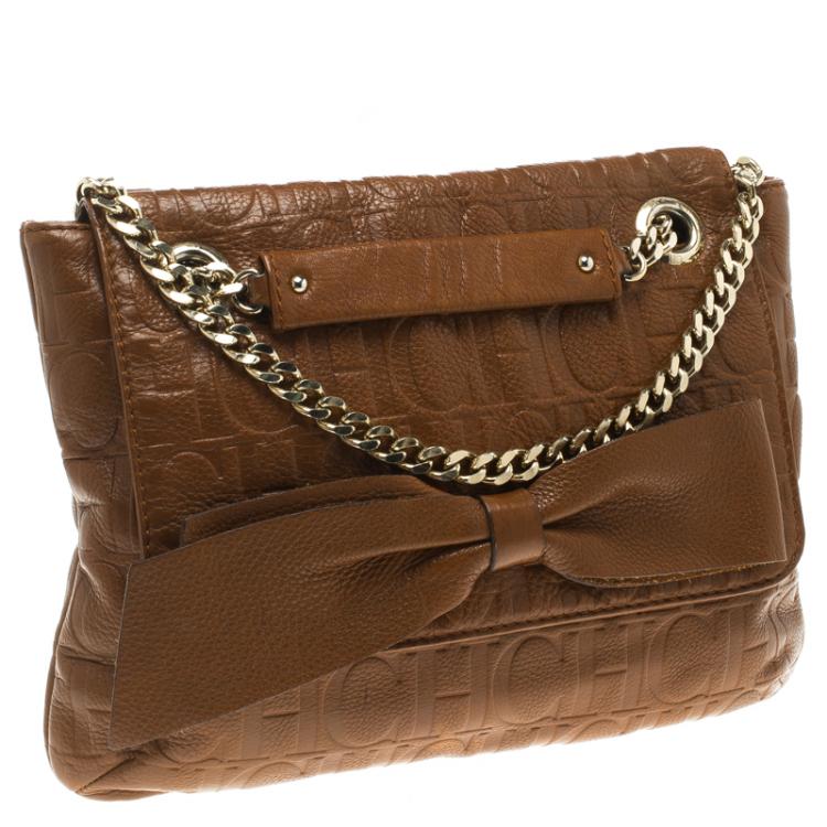 Pre Owned Carolina Herrera Brown Monogram Leather Audrey Shoulder Bag