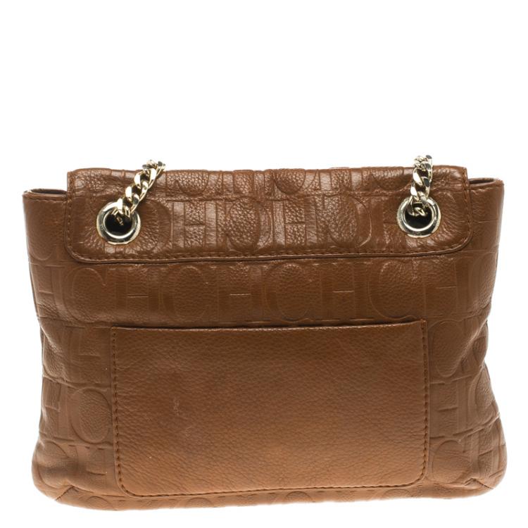 Pre Owned Carolina Herrera Brown Monogram Leather Audrey Shoulder Bag