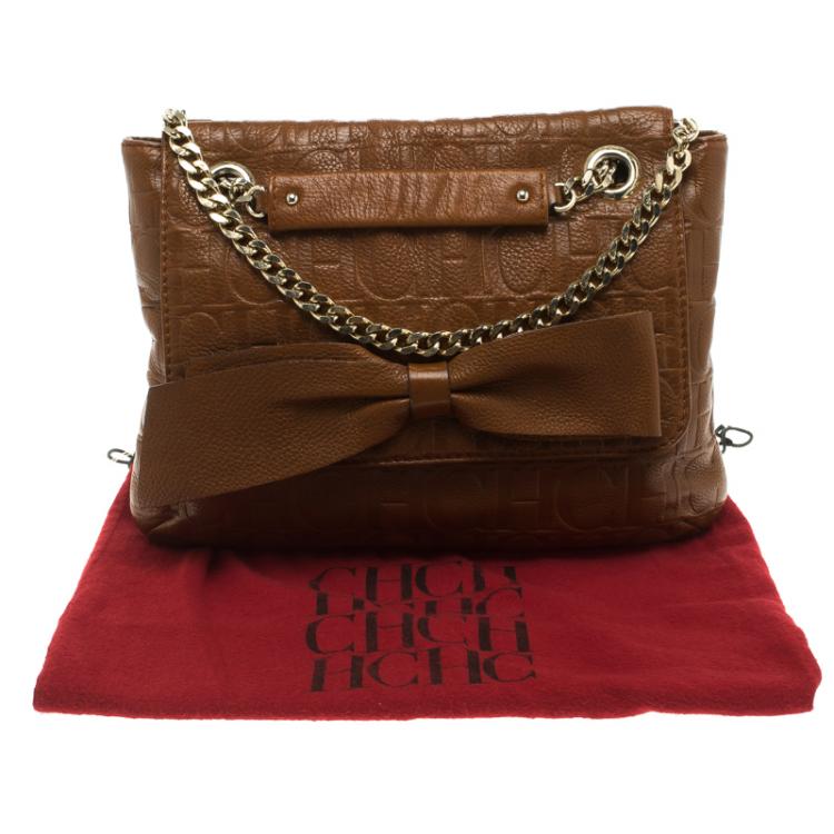 Pre Owned Carolina Herrera Brown Monogram Leather Audrey Shoulder Bag