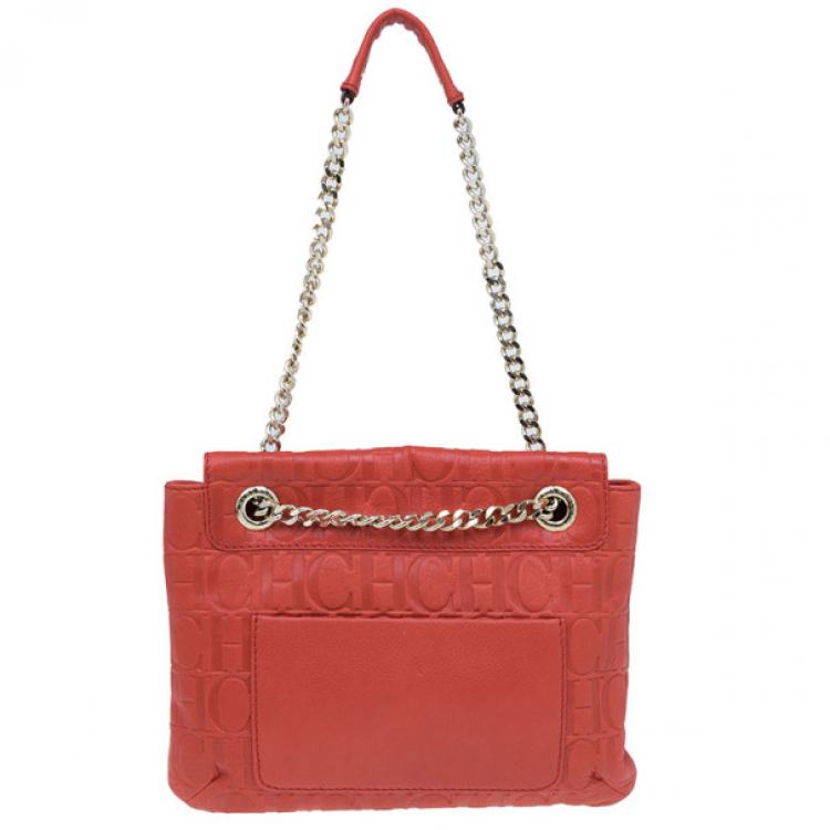 Pre Owned Carolina Herrera Orange Monogram Leather Audrey Shoulder Bag