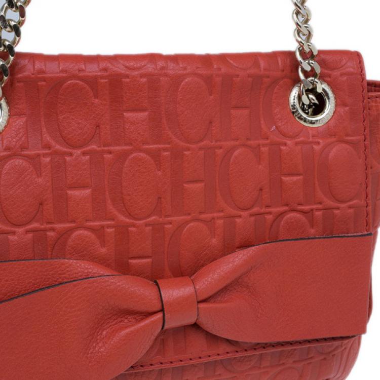 Pre Owned Carolina Herrera Orange Monogram Leather Audrey Shoulder Bag