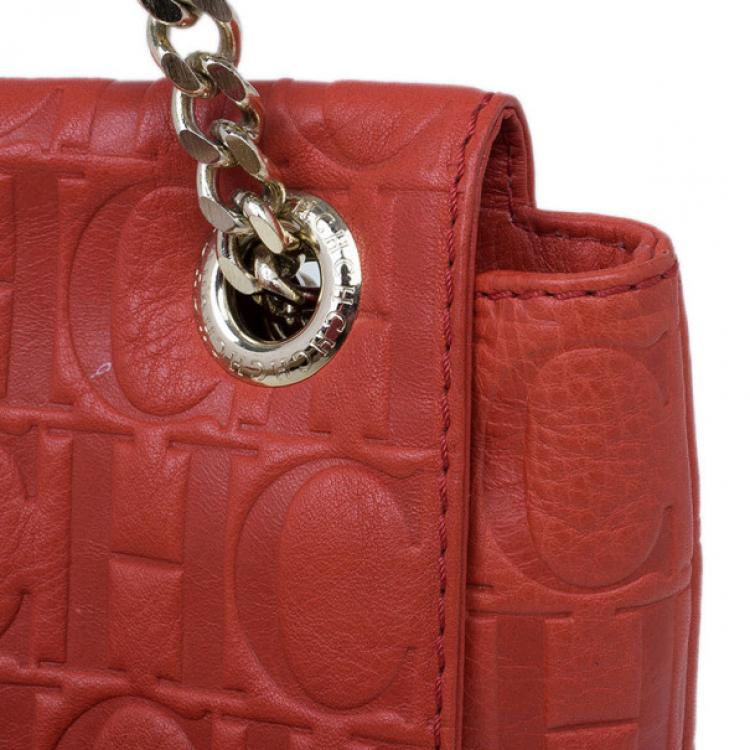 Pre Owned Carolina Herrera Orange Monogram Leather Audrey Shoulder Bag