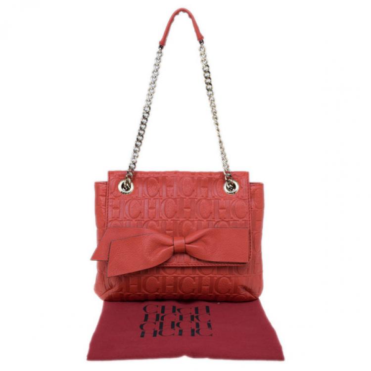 Pre Owned Carolina Herrera Orange Monogram Leather Audrey Shoulder Bag