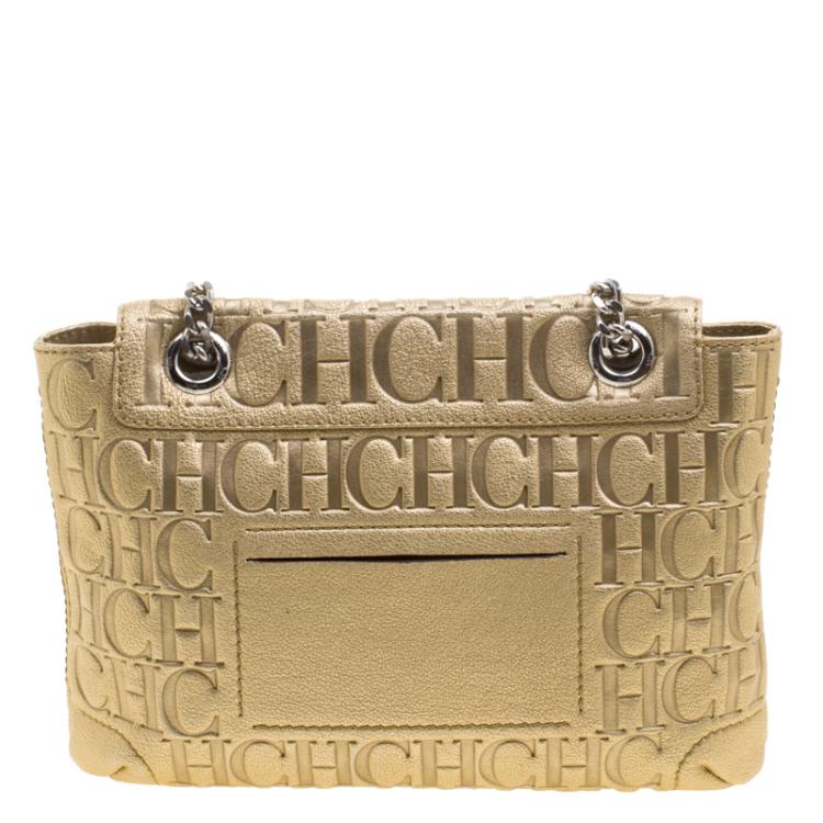 Pre Owned Carolina Herrera Gold Monogram Leather Audrey Shoulder Bag