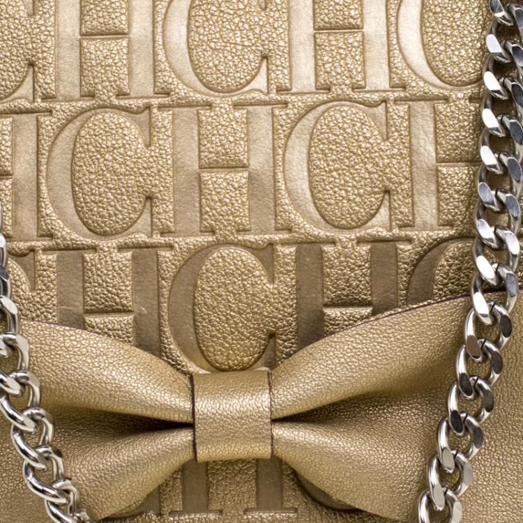 Pre Owned Carolina Herrera Gold Monogram Leather Audrey Shoulder Bag