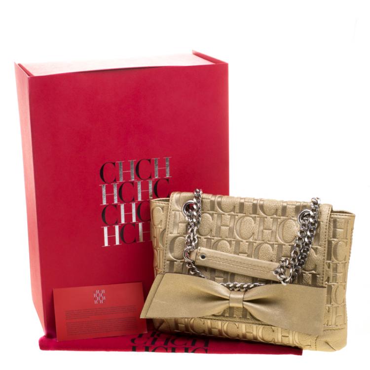 Pre Owned Carolina Herrera Gold Monogram Leather Audrey Shoulder Bag