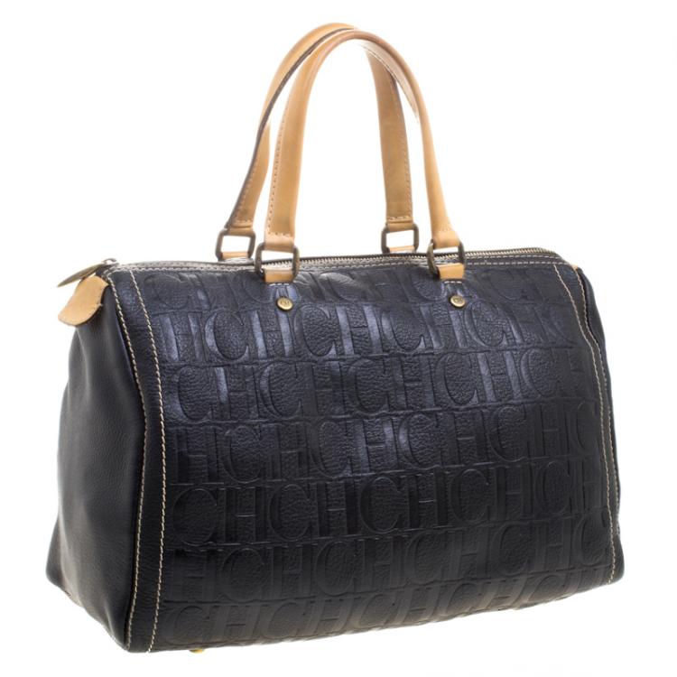 Pre Owned Carolina Herrera Black Monogram Leather large Andy Boston Bag