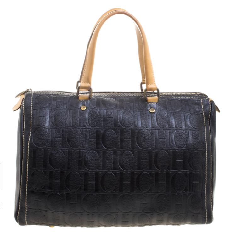 Pre Owned Carolina Herrera Black Monogram Leather large Andy Boston Bag