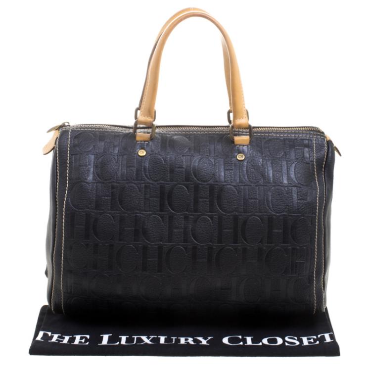 Pre Owned Carolina Herrera Black Monogram Leather large Andy Boston Bag